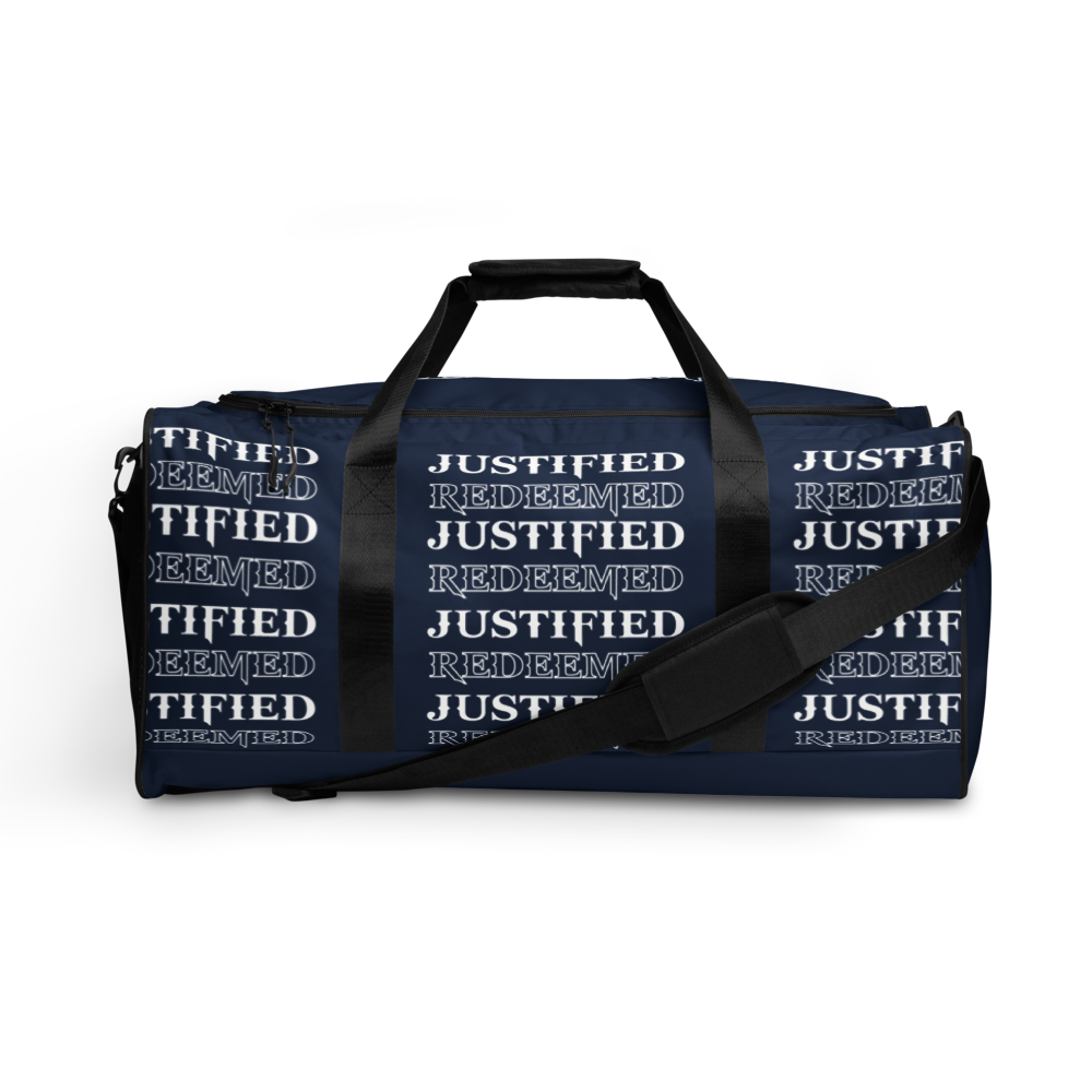 Justified/Redeemed White Font Navy Duffle bag