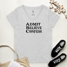 Load image into Gallery viewer, Women’s ABC&#39;s recycled v-neck t-shirt black font
